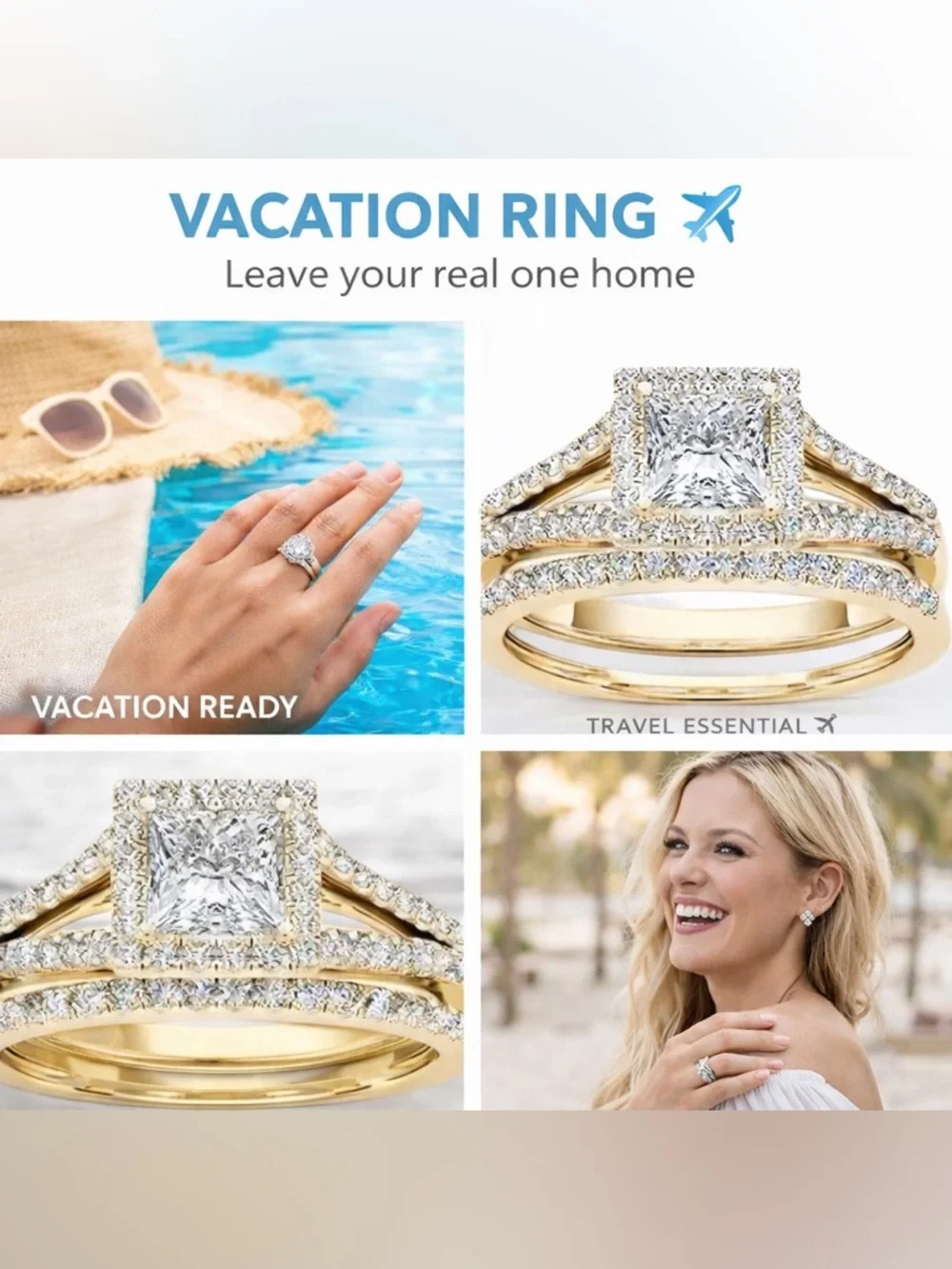 Gold CZ Vacation Ring Waterproof Travel Engagement Style - Picture 1 of 5